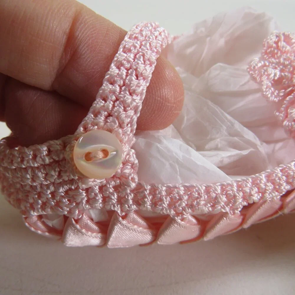 Baby Pink Ribbon Embroidered & Crocheted Shoes Newborn 3 3/4